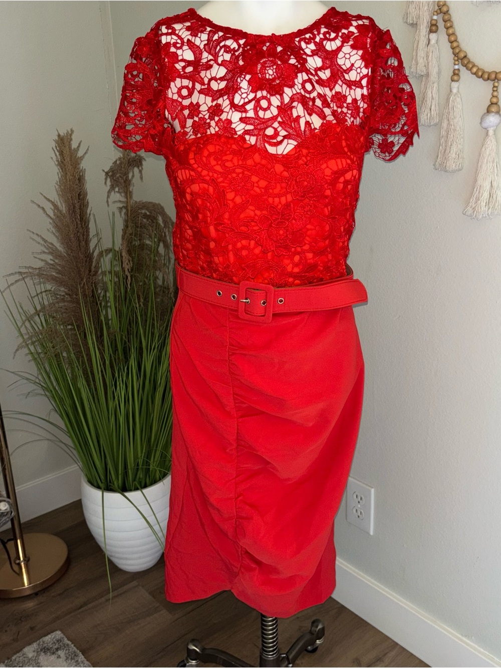 paper doll Red Lace Midi Dress with Belted Waist